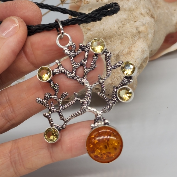 Genuine Baltic Amber/Citrine Stone Silver Pendant - Picture 1 of 7